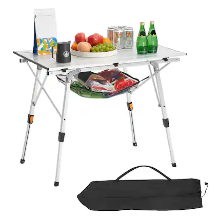 Front. VEVOR - Folding Camping Table, Portable Roll Up Side Tables, Lightweight Aluminum Beach Table with Adjustable Height - Silver.