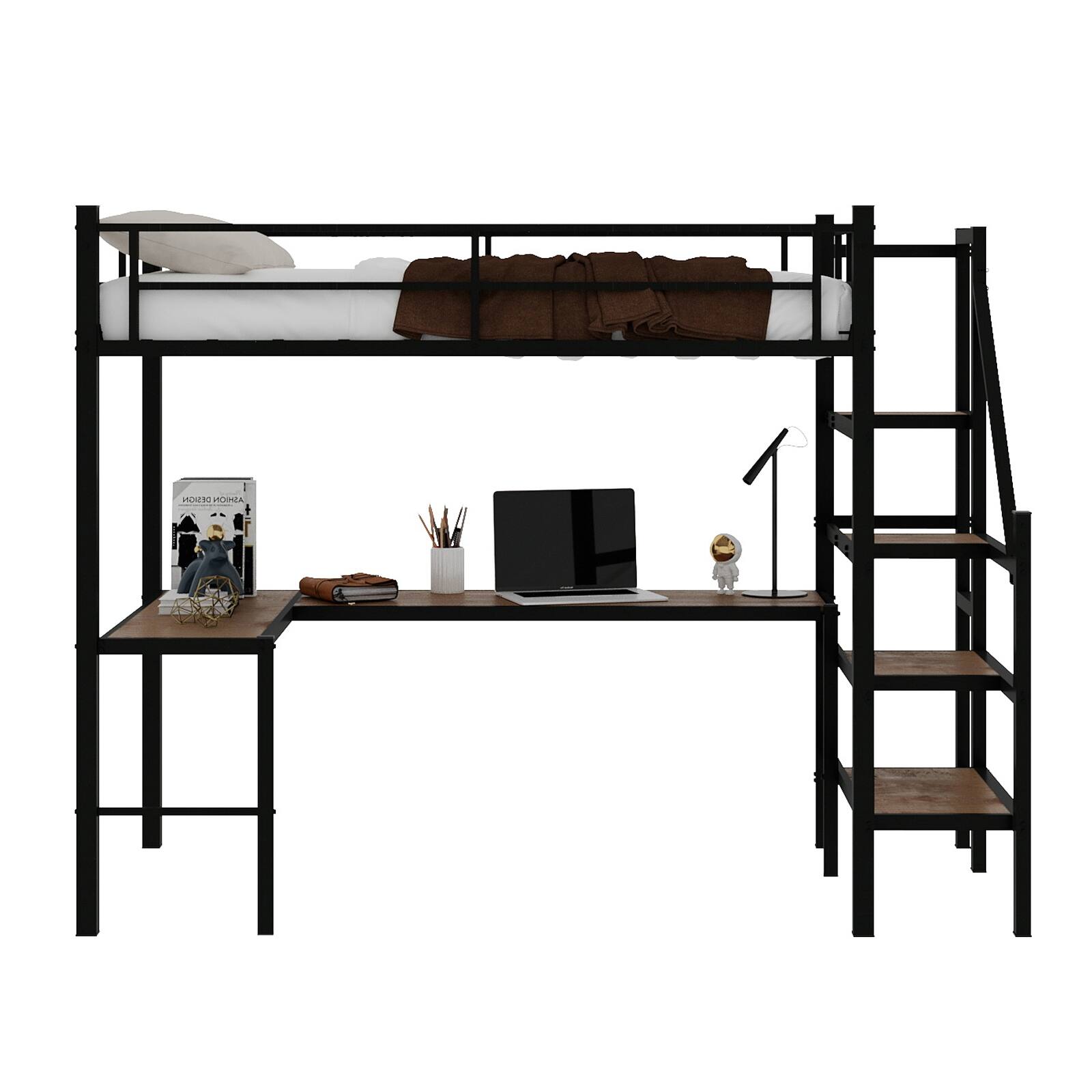 Alt View 4. Loheer - Loheer Twin Loft Bed with L Shaped Desk and Storage Stairs Sturdy Space Saving Frame No Box Spring Needed - Black.
