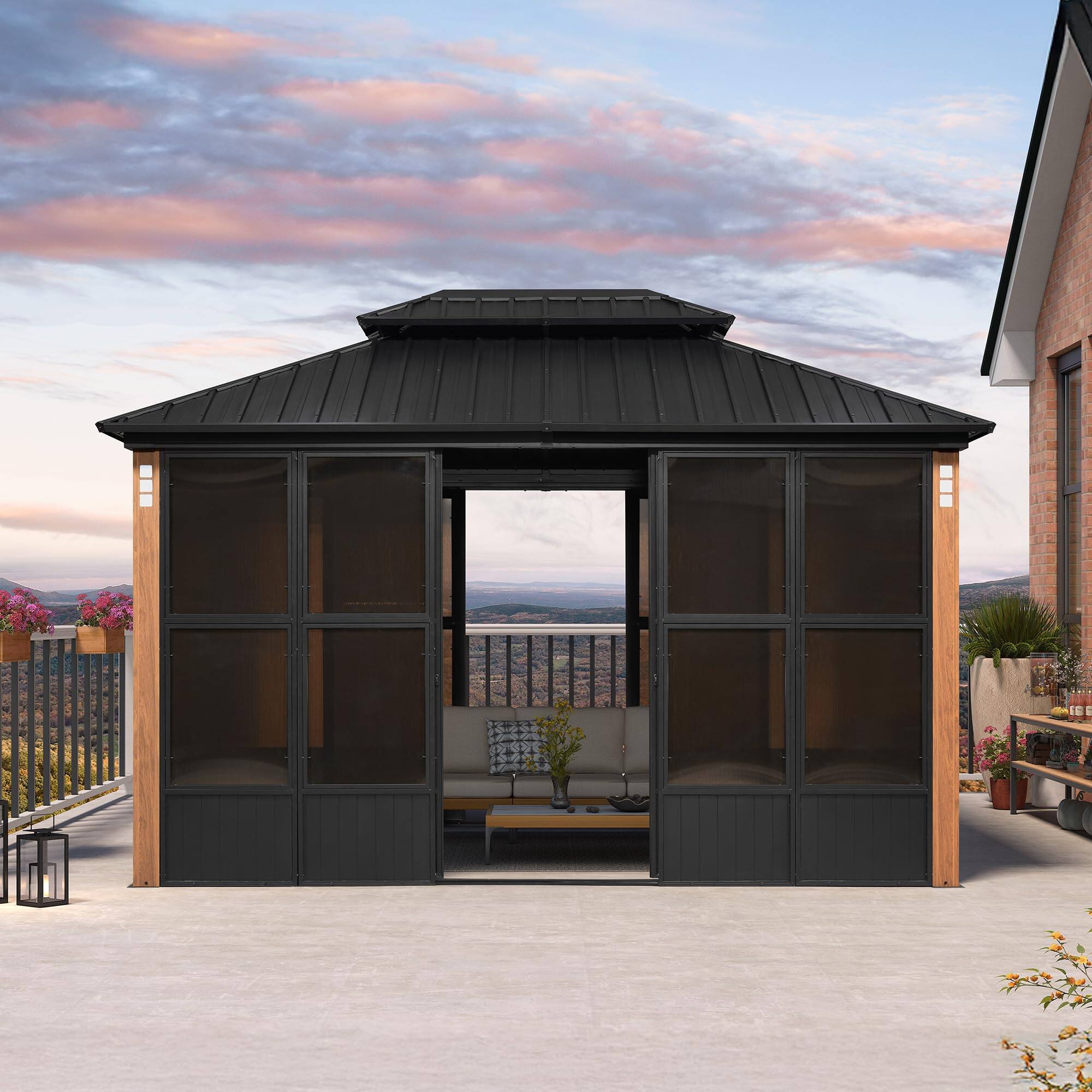Angle. PURPLE LEAF - Sunroom Outdoor Hardtop Gazebo  Wood Grain Aluminum Frame Galvanized Steel Double Roof All-Weather Screen House - 10' X 13'.