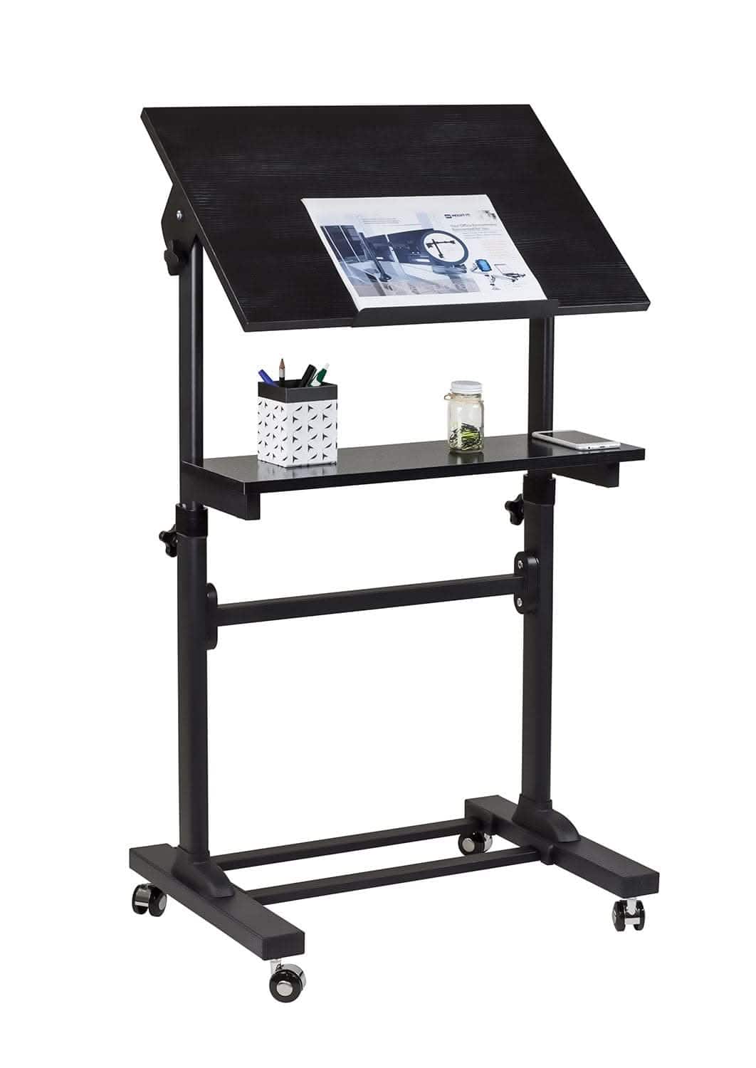 Front. Mount-It! - Mobile Stand-Up Desk With Adjustable Height, Tilt Platform & Extra Shelf for Workstation or Presentation Use - Black.