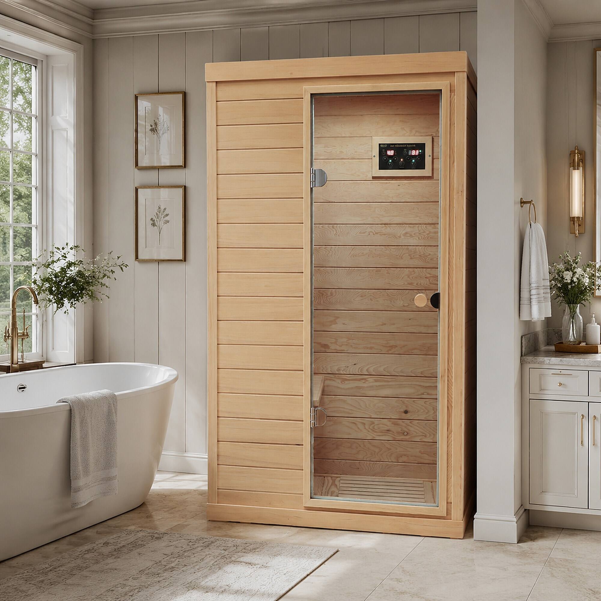 Back. RYHNUYNE - Hemlock Mini 1-Person Far Infrared Sauna, Right-Hinged Door, 1050W, 6 Heating Panels, Indoor - Natural.