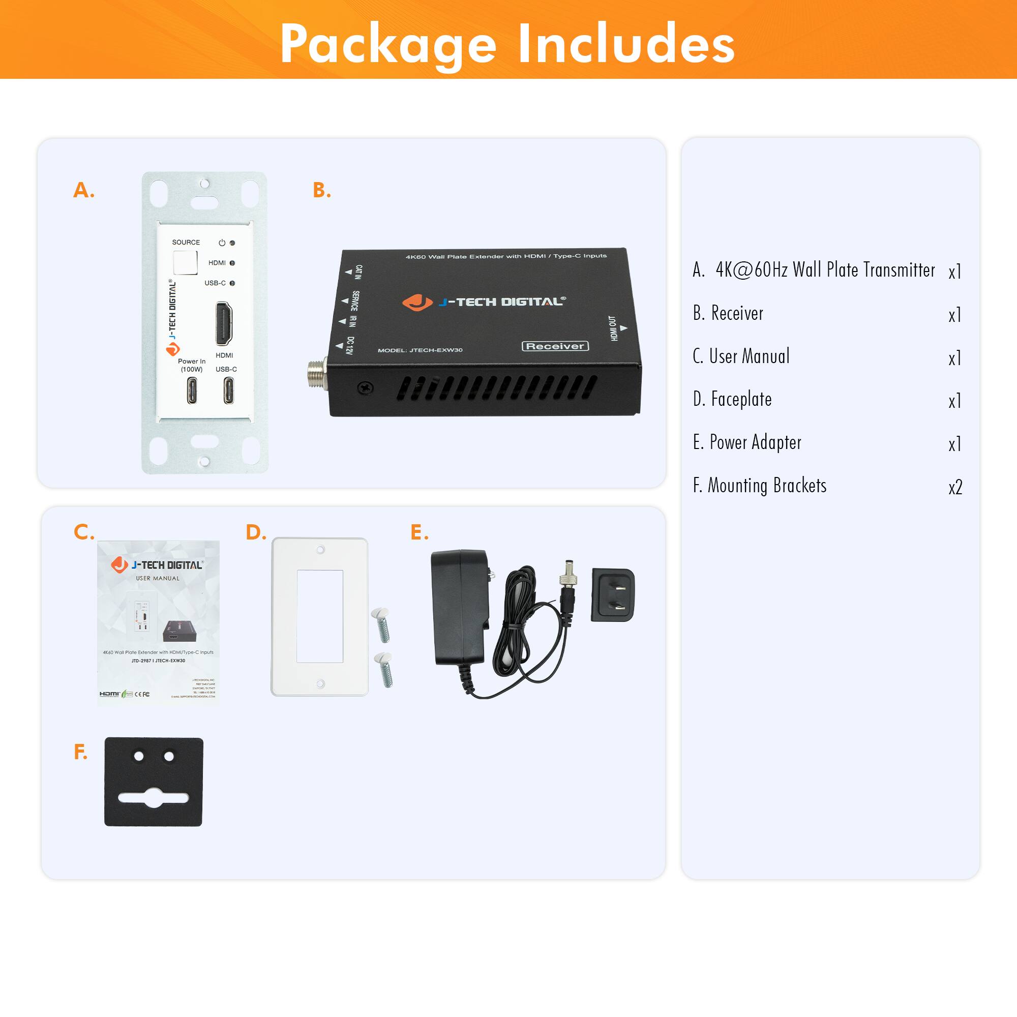 Package Includes

A. 4K@60Hz Wall Plate Transmitter x1  
B. Receiver x1  
C. User Manual x1  
D. Faceplate x1  
E. Power Adapter x1  
F. Mounting Brackets x2  

J-TECH DIGITAL