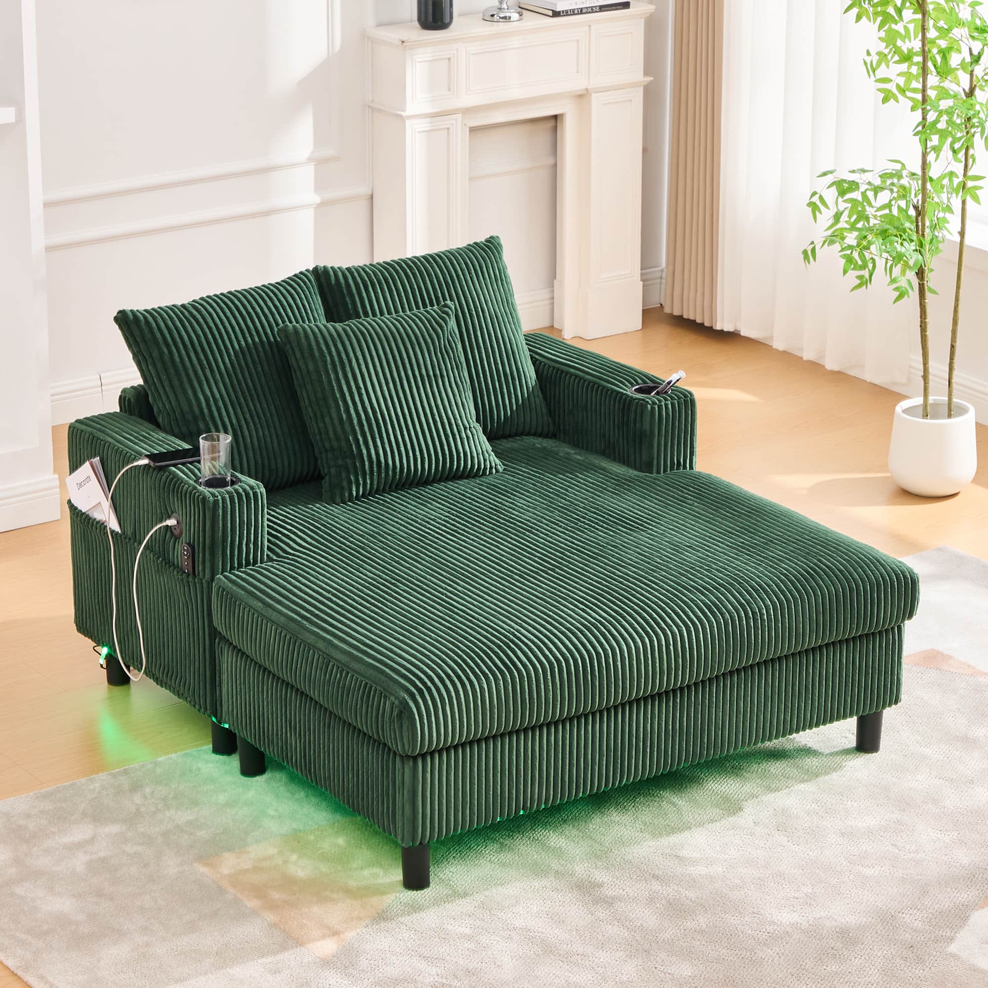 Trinkets Crazed - Modern Corduroy Oversized Recliner Sofa with Deep Seat, USB Charging,RGB LED Light Strip - Emerald