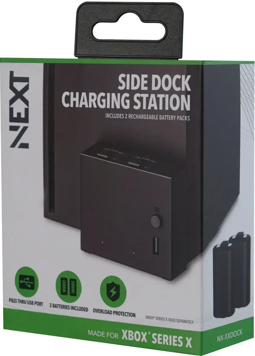 The NEXT Side Dock Charging Station includes two rechargeable battery packs and a pass-through USB port. It also comes with two batteries, providing a total of four batteries for charging. The station offers overload protection and is designed for use with the Xbox Series X, which is sold separately. The product is made for the Xbox Series X and is compatible with the Xbox Series X gaming console.