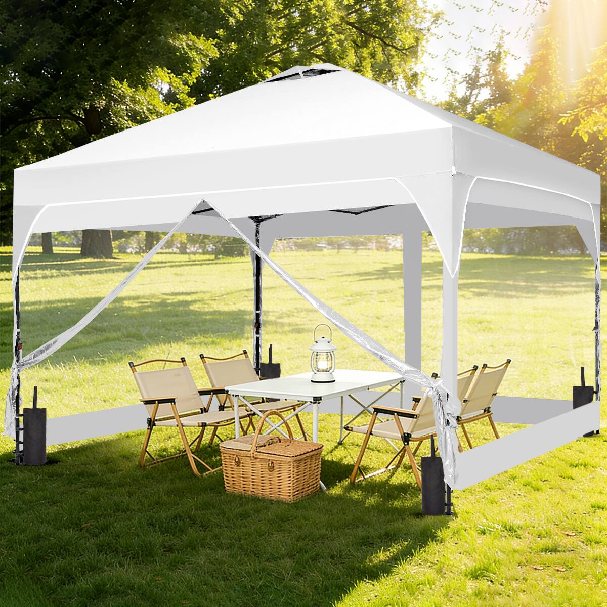 Angle. Ainfox - Ainfox 10x10 FT Pop Up Canopy Tent Shelter Portable with 4 Clear PVC Sidewalls,Carry Bag & 4 Sandbags for Outdoor - White.