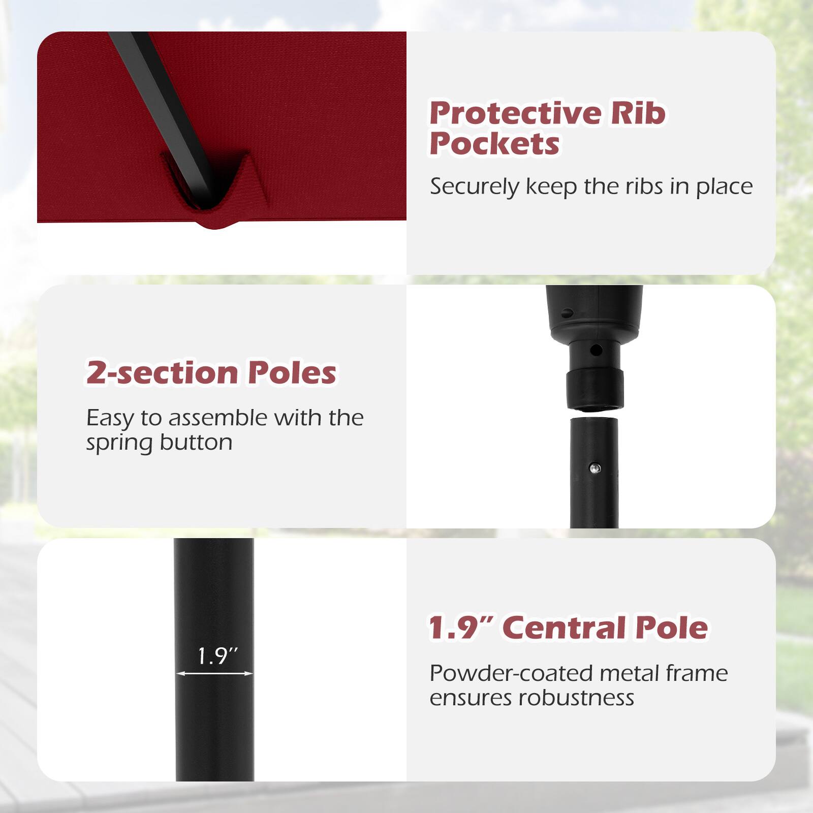 Protective Rib Pockets, 2-section Poles, 1.9" Central Pole