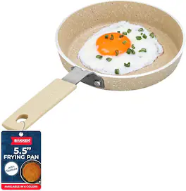 Bakken- Swiss - 2-Piece Mini Pan Set – 5.5’’ Non-Stick Egg Pan + Spatula, Cool Handle, Heat Safe, Marble Warm Cream - White Marble
