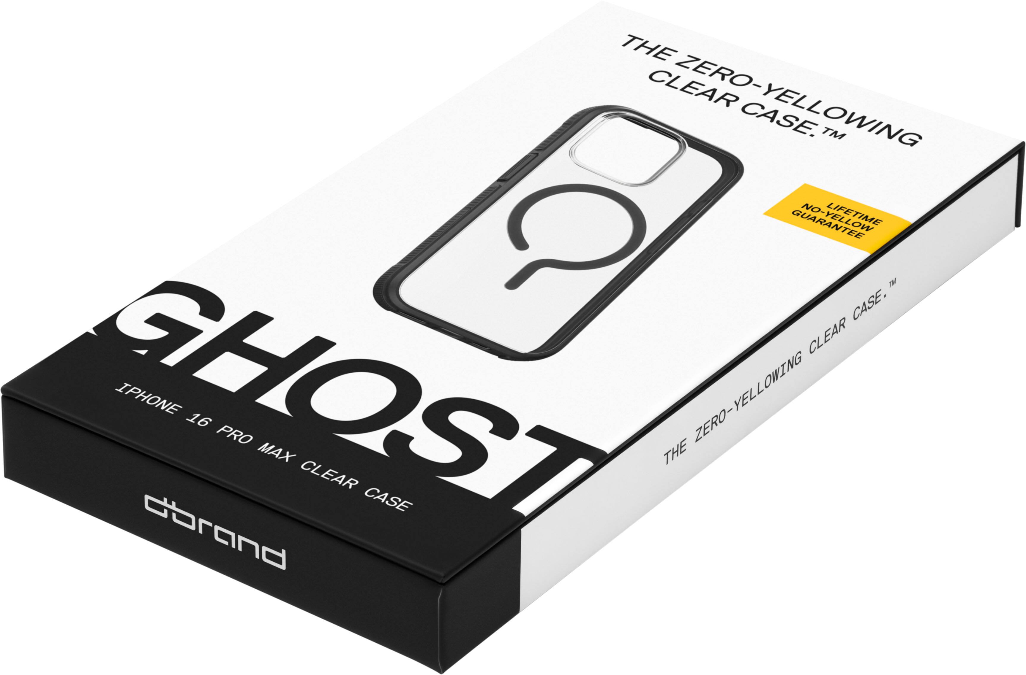 THE ZERO-YELLOWING CLEAR CASE™  
GHOST  
IPHONE 16 PRO MAX CLEAR CASE  
LIFETIME NO-YELLOW GUARANTEE  
THE ZERO-YELLOWING CLEAR CASE™  
dbbrand