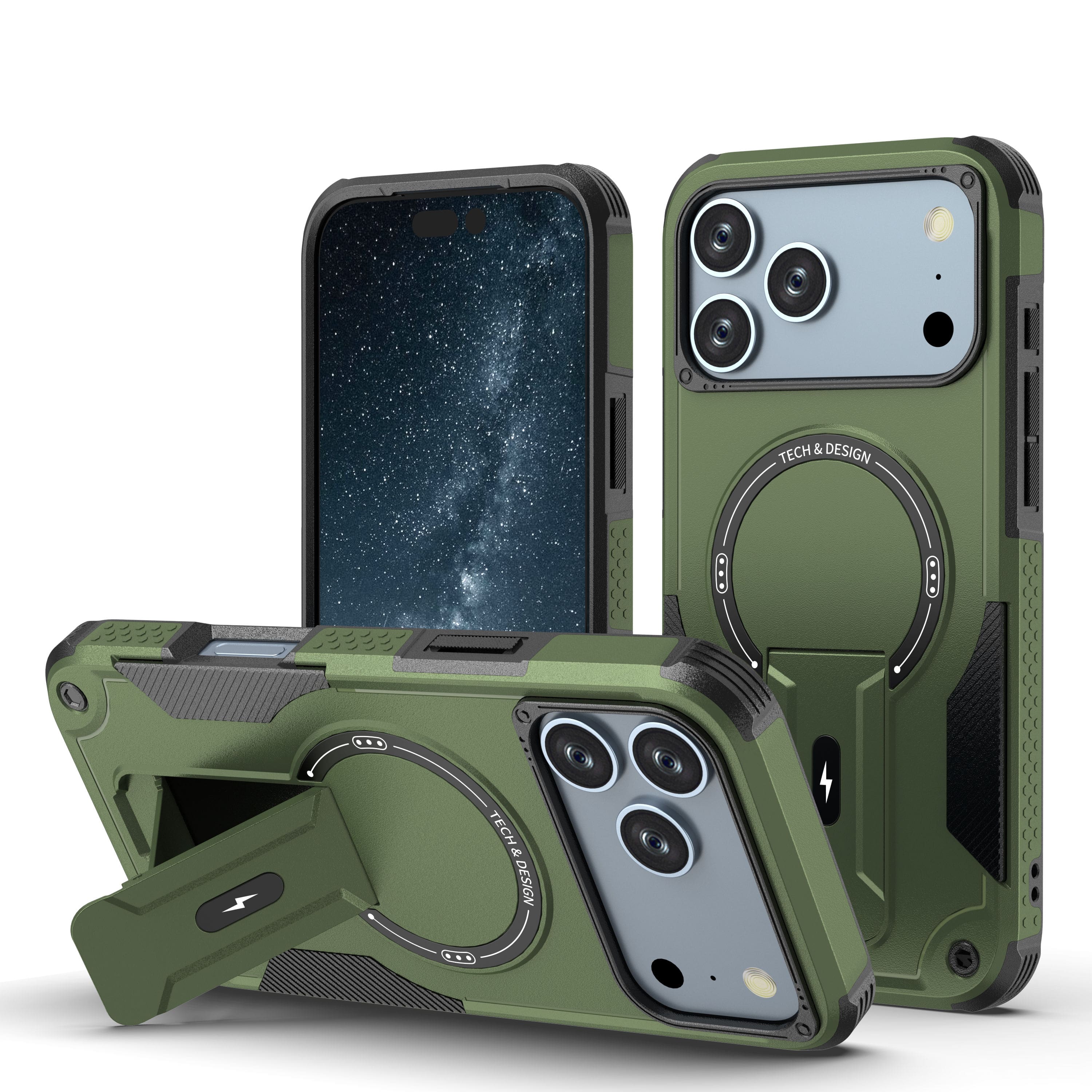 Dteck - CaseFor iPhone 18 Pro Max Shockproof Slim Rugged Phone Cover with Foldable Stand,Compatible with MagSafe - Armygreen