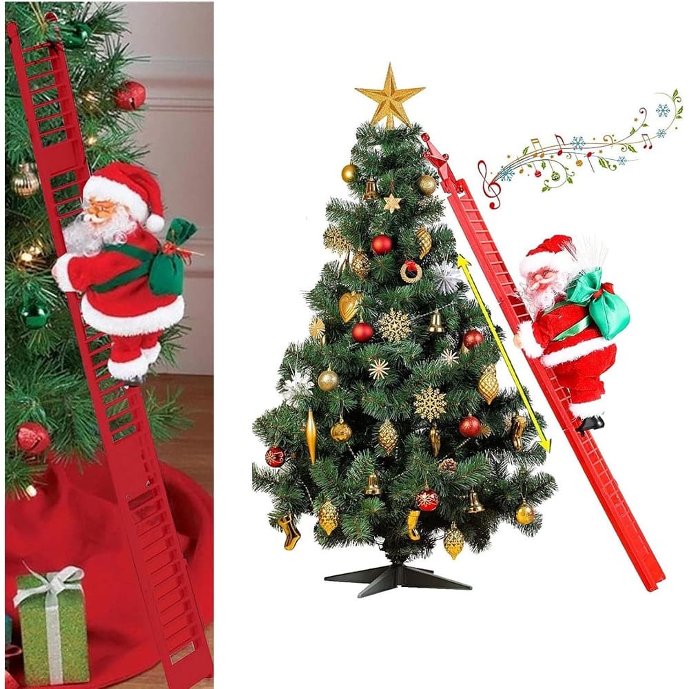 MOSZAR LLC - Electric Santa Climbing Ladder with Music, Hanging Christmas Tree Ornament - Red
