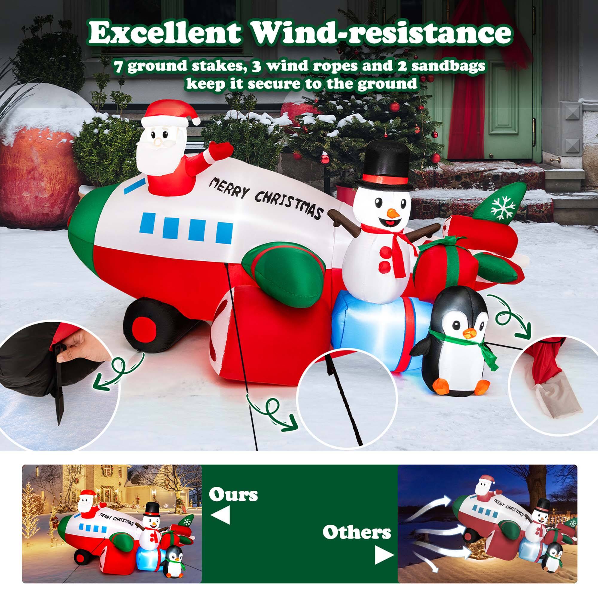 Excellent Wind-resistance: 7 ground stakes, 3 wind ropes, and 2 sandbags keep it secure to the ground. Merry Christmas!