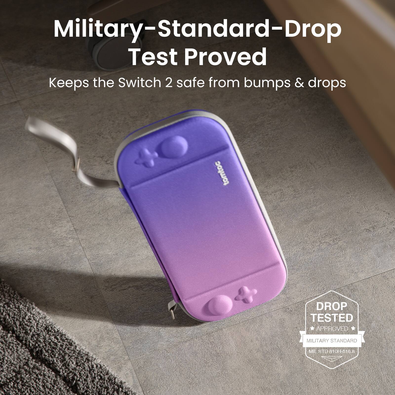 Military-Standard-Drop Test Proved, Keeps the Switch 2 safe from bumps & drops, tomtoc, DROP TESTED APPROVED MILITARY STANDARD MIL 8TD-810H-516.8