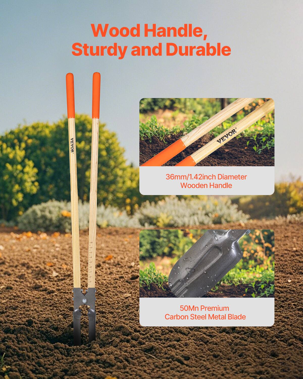 Wood Handle, Sturdy and Durable

36mm/1.42inch Diameter Wooden Handle

50Mn Premium Carbon Steel Metal Blade