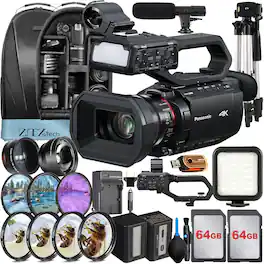 Bundle - Panasonic - HC-X2100 Camcorder UHD 4K + 2x 64GB Card + Backpack + LED Flash + Wide Angle + ZeeTech - Black