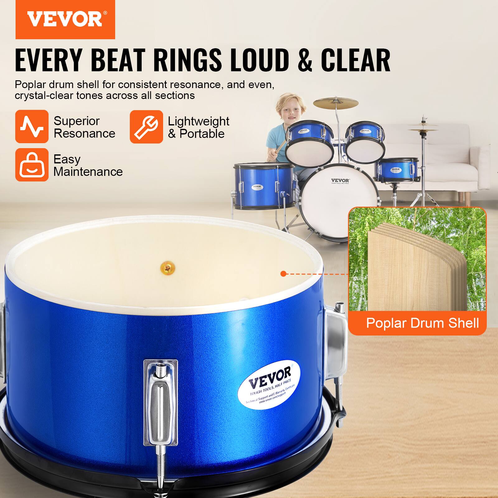 VEVOR

EVERY BEAT RINGS LOUD & CLEAR

Poplar drum shell for consistent resonance, and even, crystal-clear tones across all sections

- Superior Resonance
- Lightweight & Portable
- Easy Maintenance

Poplar Drum Shell