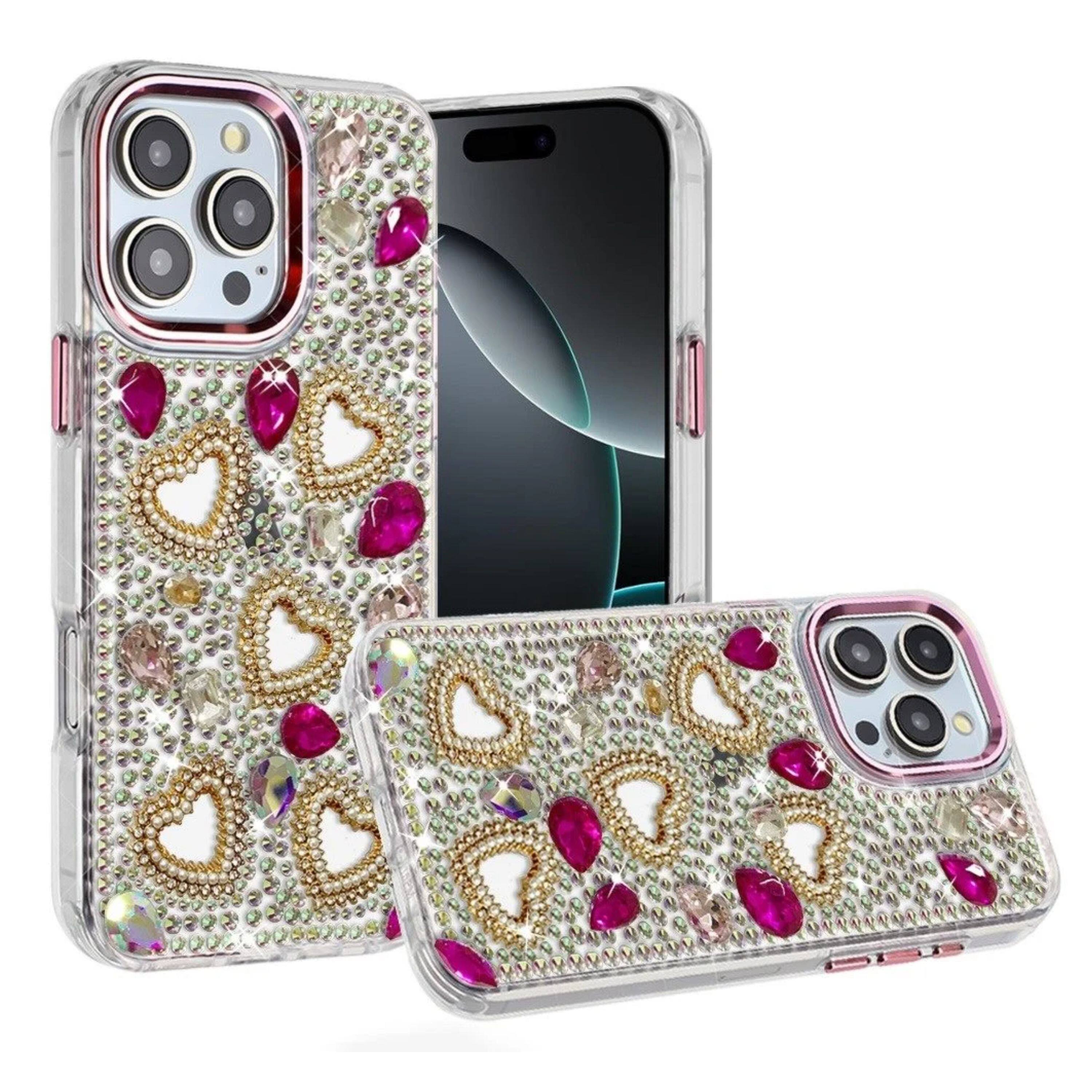 Angle. Kitcheniva - Hearts 3D Jewel Phone Case With Tempered Glass For iPhone 16 Pro Max Hot Pink - Hot Pink.