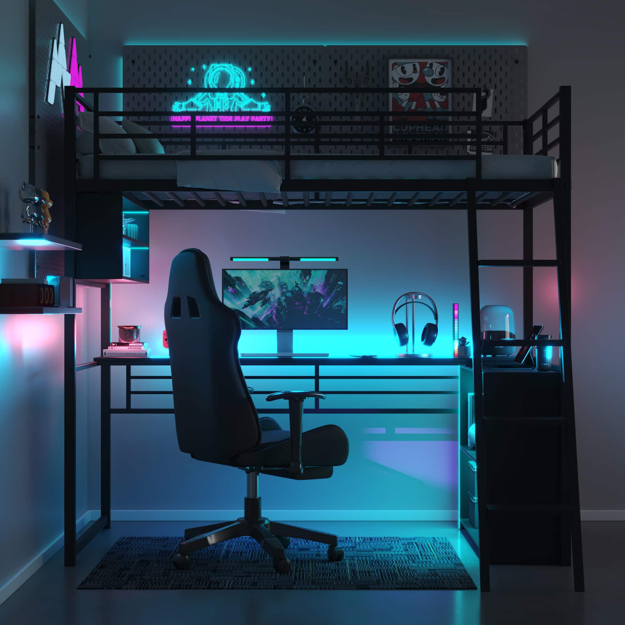 Anysun - Twin Size Metal Loft Bed with LED, Desk & 4 Storage Shelves, Space-Saving Bed for Kids Room or Bedroom - Black