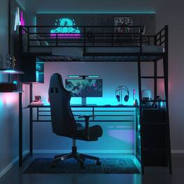 Anysun - Twin Size Metal Loft Bed with LED, Desk & 4 Storage Shelves, Space-Saving Bed for Kids Room or Bedroom - Black