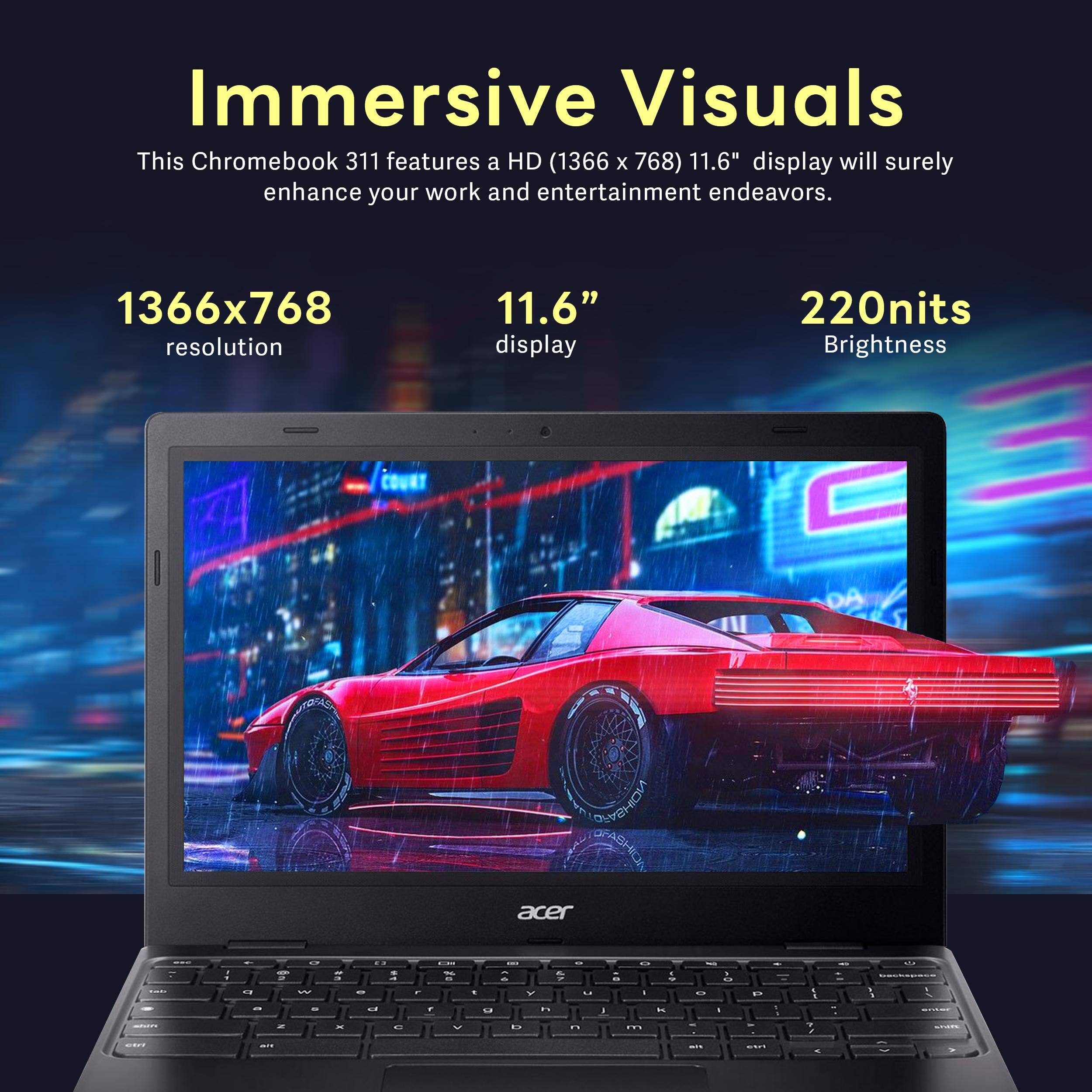Immersive Visuals

This Chromebook 311 features a HD (1366 x 768) 11.6" display will surely enhance your work and entertainment endeavors.

1366x768 resolution
11.6" display
220nits Brightness