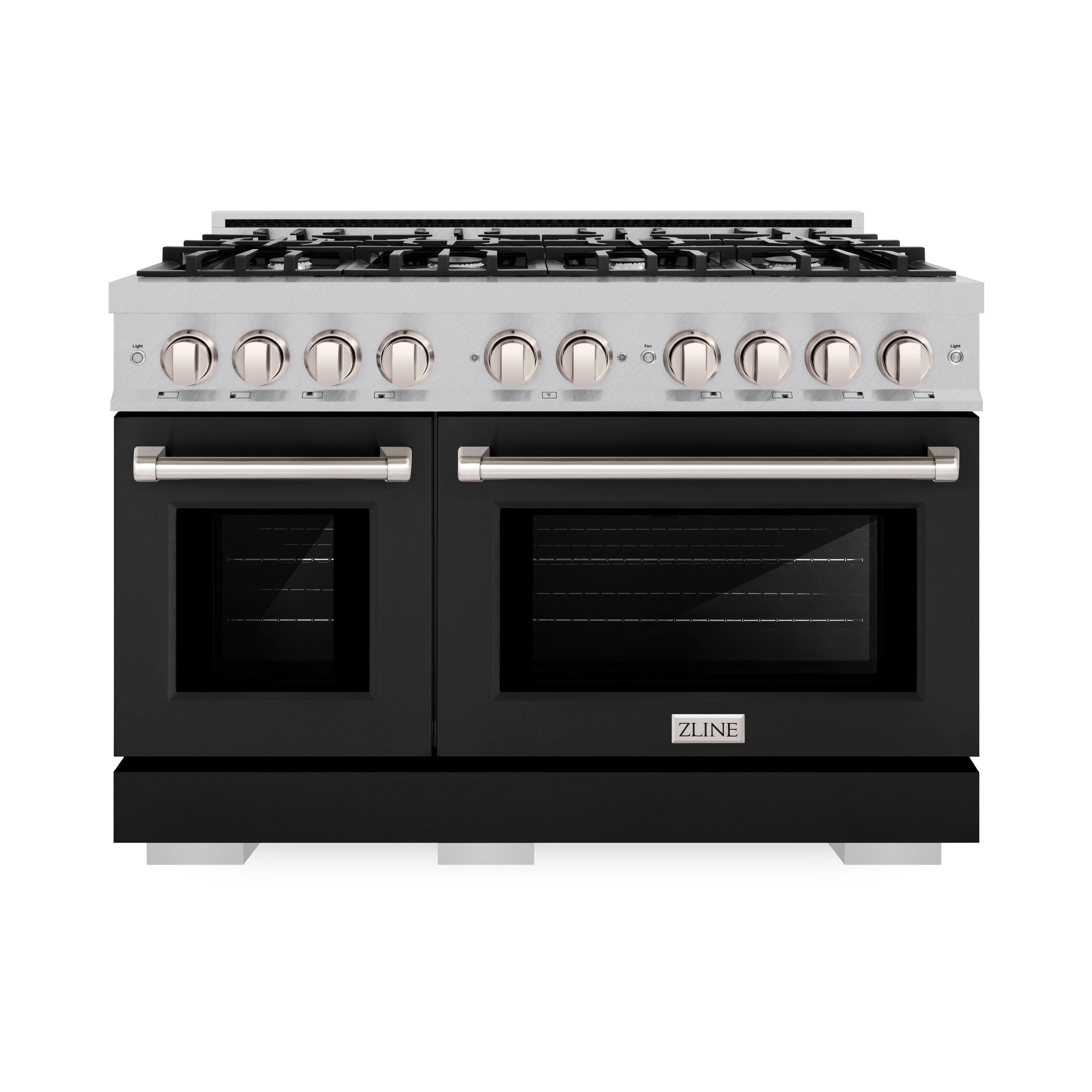 Angle. ZLINE - ZLINE 48 in. 6.7 cu. ft. Freestanding Select Satin Steel Gas Range w/ 8 Burner Cooktop & Black Matte Doors - Satin Stainless Steel.