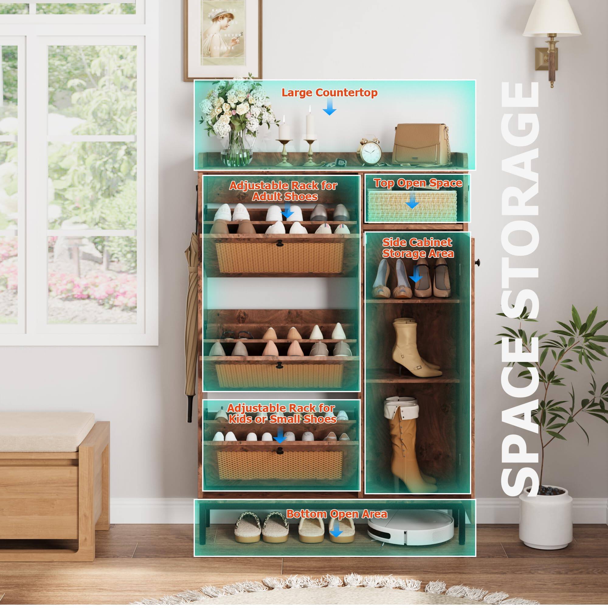 - Large Countertop
- Adjustable Rack for Adult Shoes
- Top Open Space
- Side Cabinet Storage Area
- Adjustable Rack for Kids or Small Shoes
- Bottom Open Area