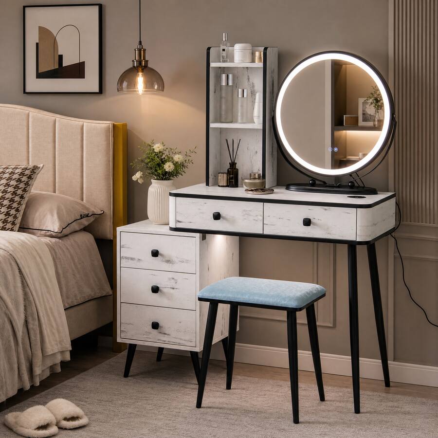 Color Wh WELLFOR Vanity Table Set with 3 Color LED Mirror & Charging Station ...