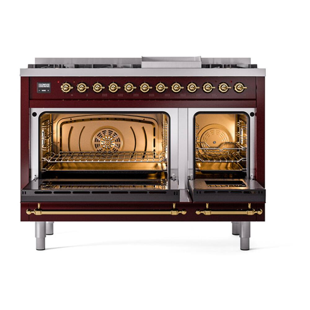 Alt View 5. ILVE - ILVE Nostalgie II Series 48 in. Dual Fuel Range with 8 Sealed Burners + Griddle (Liquid Propane, Brass Trim) - Burgundy.