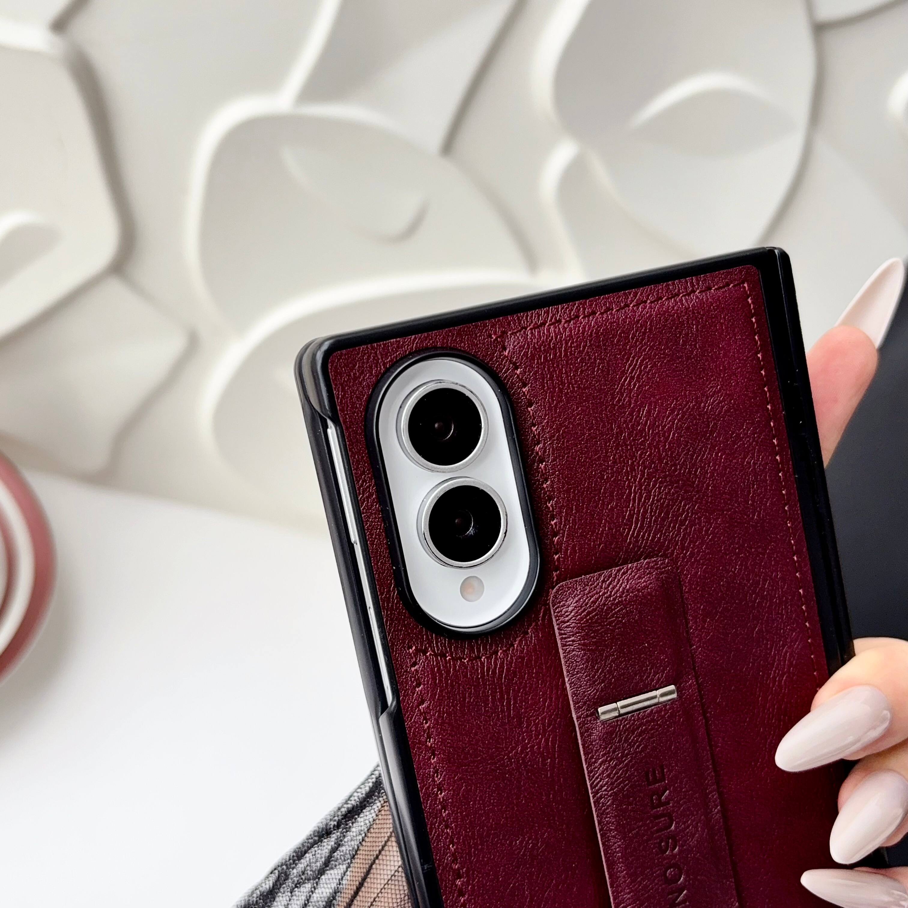 Alt View 2. Dteck - Shockproof Phone Case for Samsung Galaxy Z Fold8 with Kickstand, Slim Rigid Plastic Faux Leather Hinge Protection Cover - Winered.