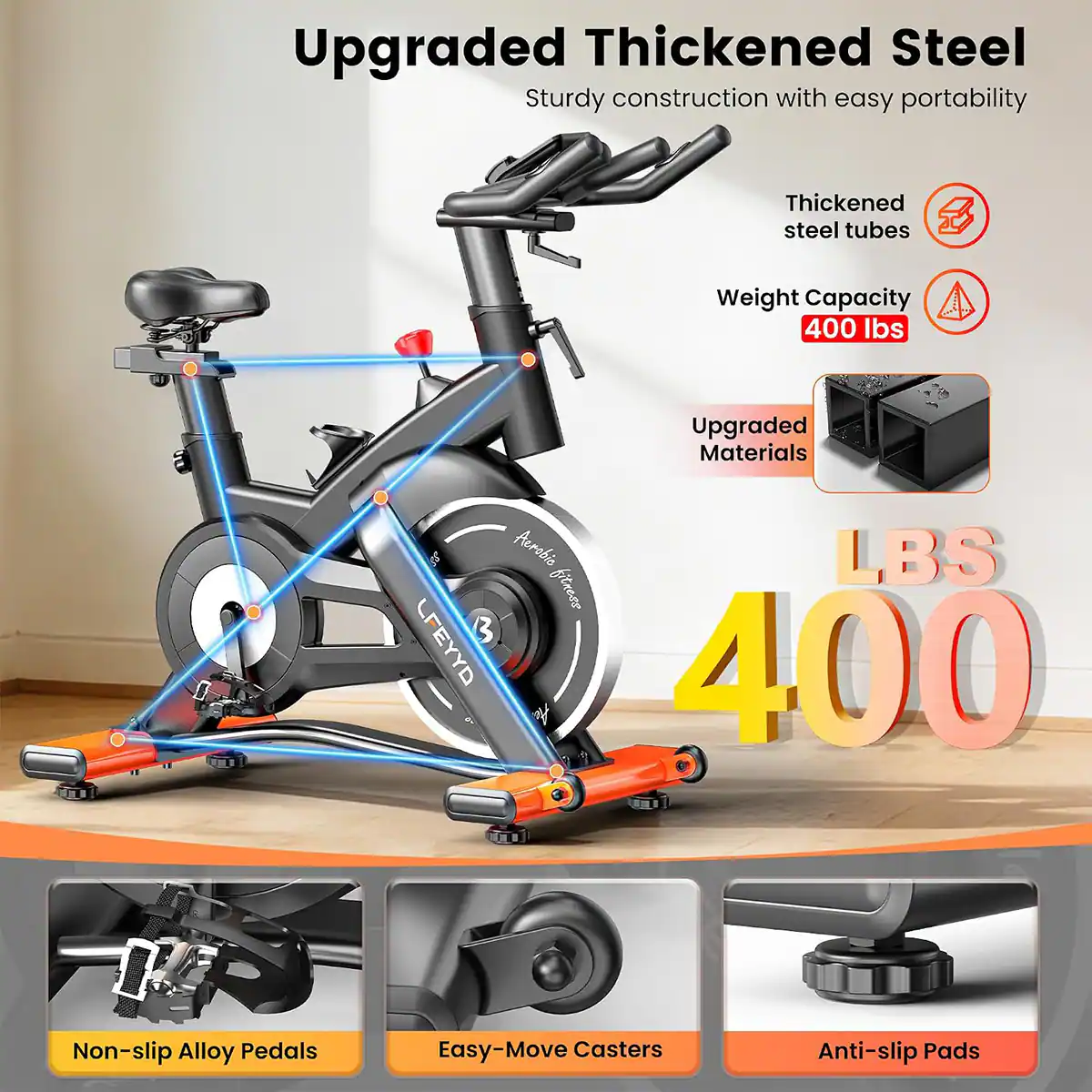 Upgraded Thickened Steel  
Sturdy construction with easy portability  
Thickened steel tubes  
Weight Capacity 400 lbs  
Upgraded Materials  
Aerobic LBS fitness LFEYYD 3 400  
Non-slip Alloy Pedals  
Easy-Move Casters  
Anti-slip Pads