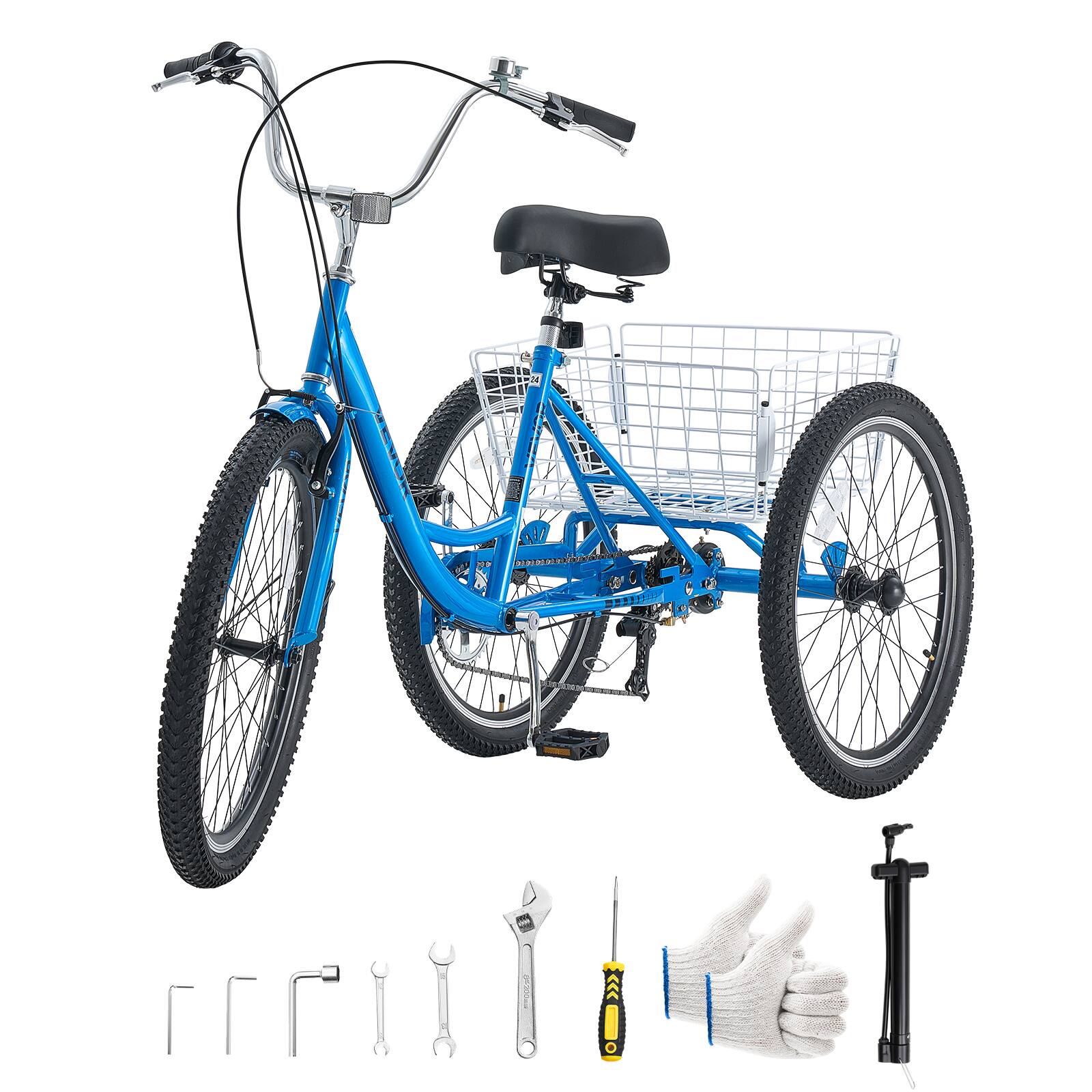 Alt View 5. VEVOR - Adult Tricycle 24 inch 7 Speed Trikes for Adult 3 Wheel Cruiser Bike, w/ Cargo Basket, Adjustable Seat, and Double-Wall - Blue.
