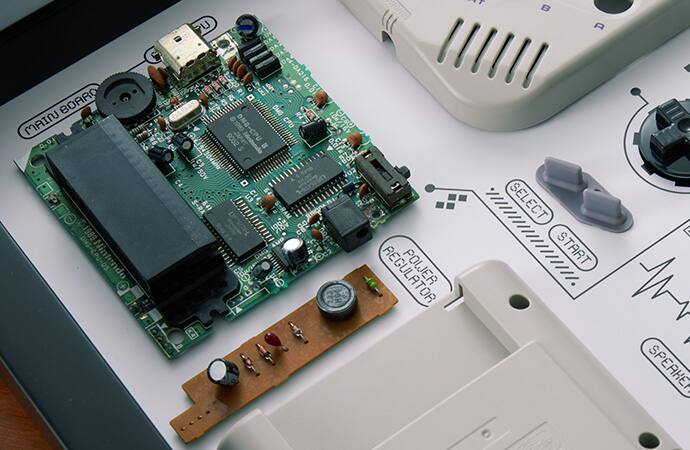 Sure, here is the corrected and grouped text from the image:

---

**Main Board**

- DMG
- DMS-CPU-DS
- CPU
- Nintendo OS
- PU IE 4-DA216
- 0.8 DMG
- 1000 DMG
- CPU
- Occo 9052
- Nintendo
- CPU 2
- adi.ra
- D RUPOEA17
- u2
- SOV C4
- En
- S-RA 64
- S-RAM 8
- F DMG
- 1ca
- IONE POWER
- OR E SELECT
- START
- SPEAKER

---

**Components**

- POWER REGULATOR
- SELECT
- START
- SPEAKER

---