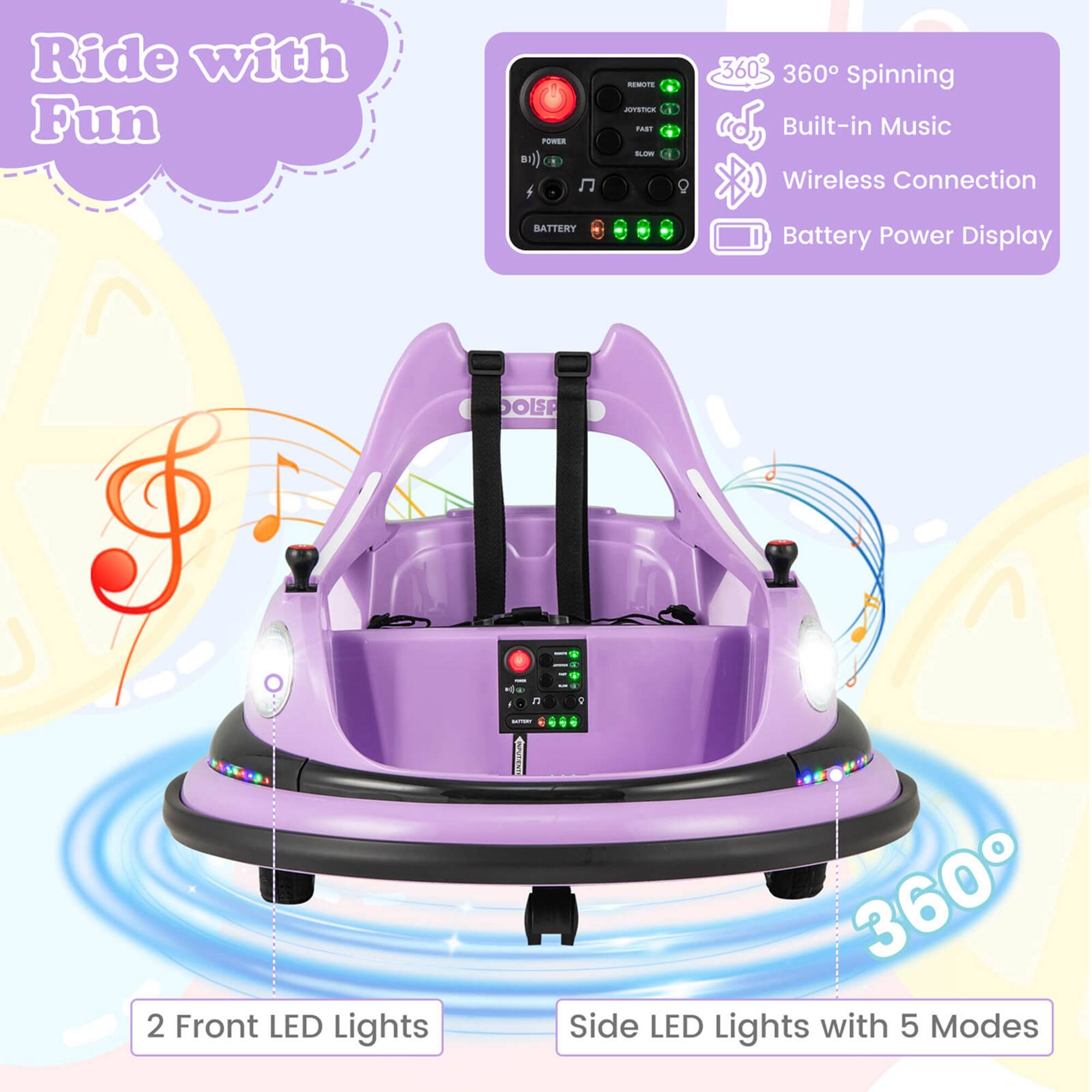 Ride with Fun

- 360° Spinning
- Built-in Music
- Wireless Connection
- Battery Power Display
- 2 Front LED Lights
- Side LED Lights with 5 Modes