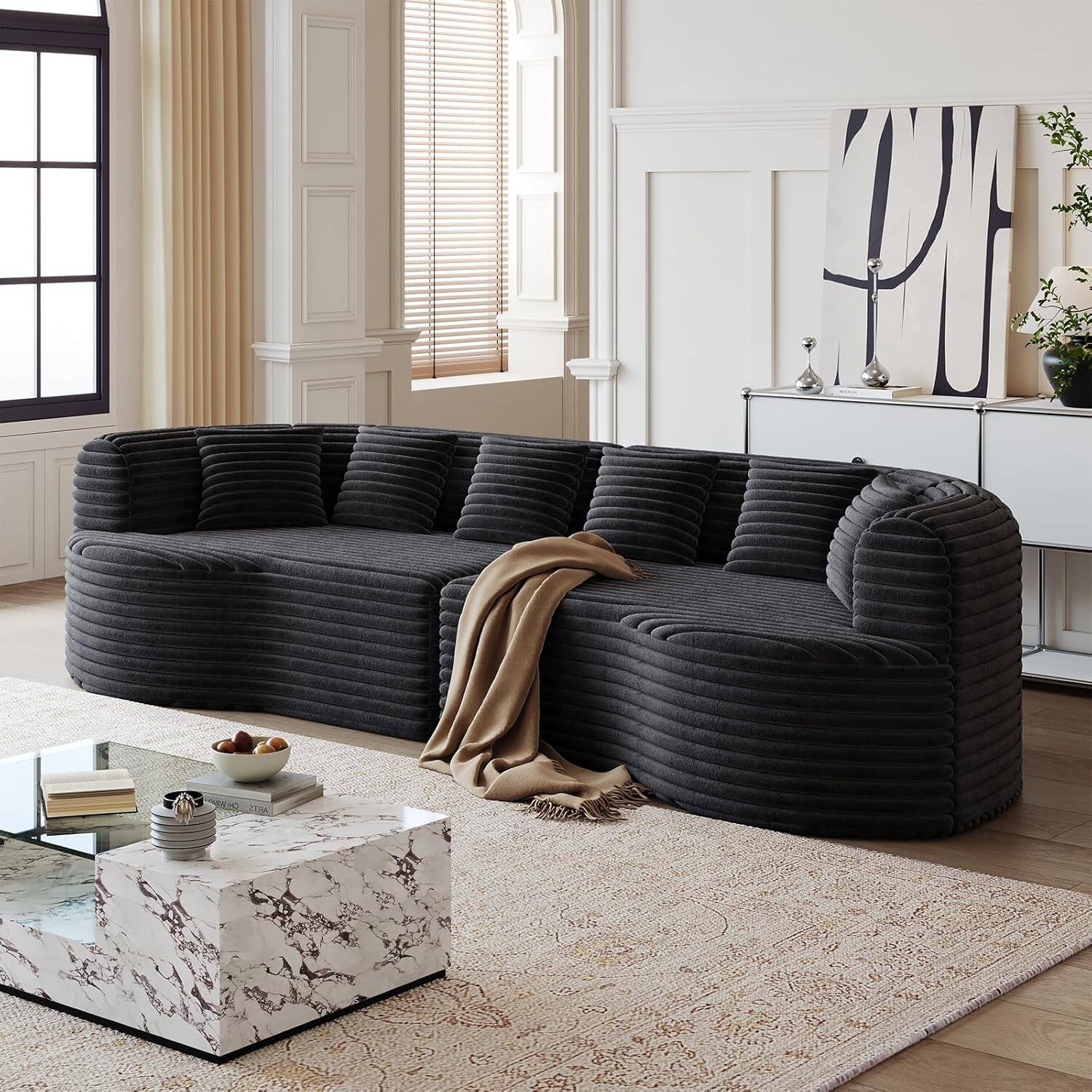 Alt View 7. Trinkets Crazed - 106.3" Curved Sectional Sofa Oversized Deep Seat Cloud Couch with 6 Pillows - black.