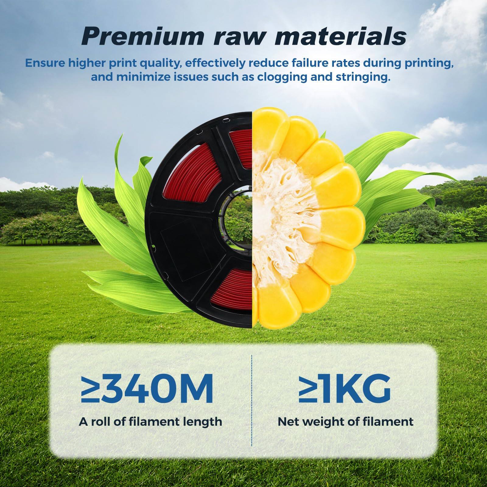 Premium raw materials  
Ensure higher print quality, effectively reduce failure rates during printing, and minimize issues such as clogging and stringing.

≥340M  
A roll of filament length

≥1KG  
Net weight of filament