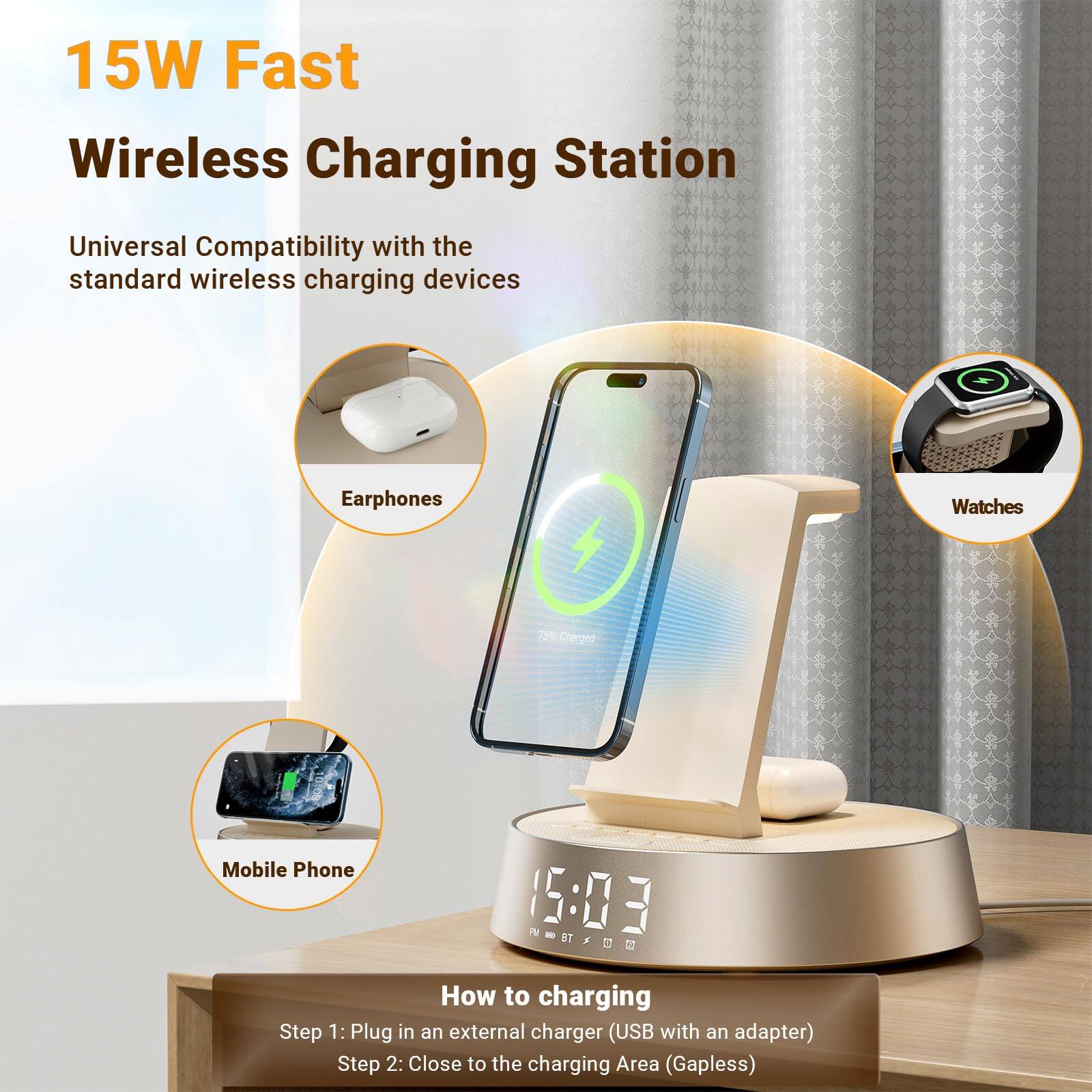 15W Fast Wireless Charging Station  
Universal Compatibility with the standard wireless charging devices  

Earphones  
Watches  
Mobile Phone  

How to charging  
Step 1: Plug in an external charger (USB with an adapter)  
Step 2: Close to the charging Area (Gapless)