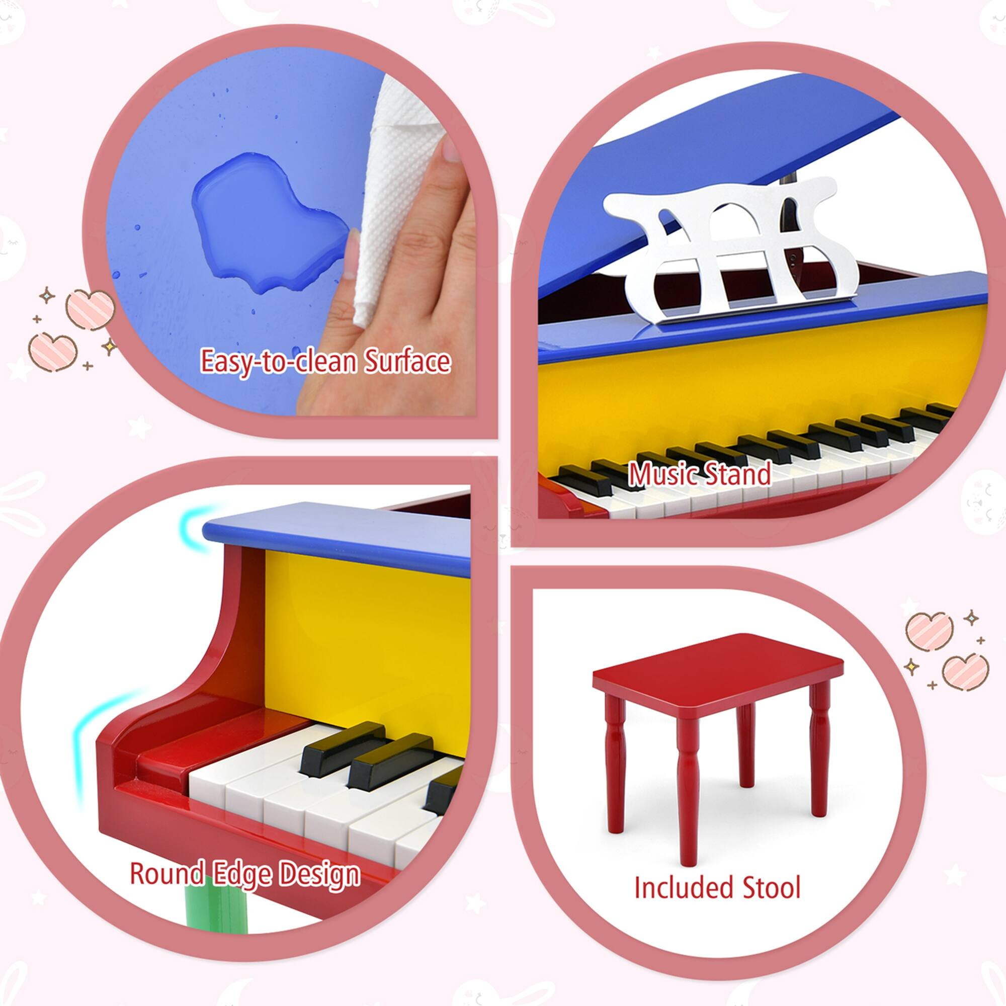 The text on the image is grouped as follows:

1. Easy-to-clean Surface: This refers to the surface of the piano being easy to clean and maintain.
2. Music Stand: This is a stand designed to hold music sheets and other materials related to playing music.
3. Round Edge Design: This refers to the design of the piano, which has a round edge.
4. Included Stool: This indicates that a stool is included with the piano, which can be used for sitting while playing.