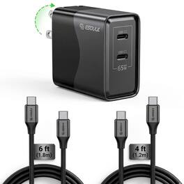 Esoulk - Premium 65W GaN 2-Port Dual USB-C Wall Charger Adapter with 2 Cables for iPhone 17 Pro Max, Macbook, iPad, Samsung - Black