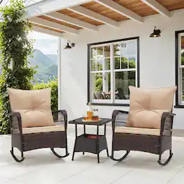 U-HOMY - 3-Piece PE Rattan Rocking Chair Patio Set with Cushions & Coffee Table, Rattan Outdoor Furniture - Beige