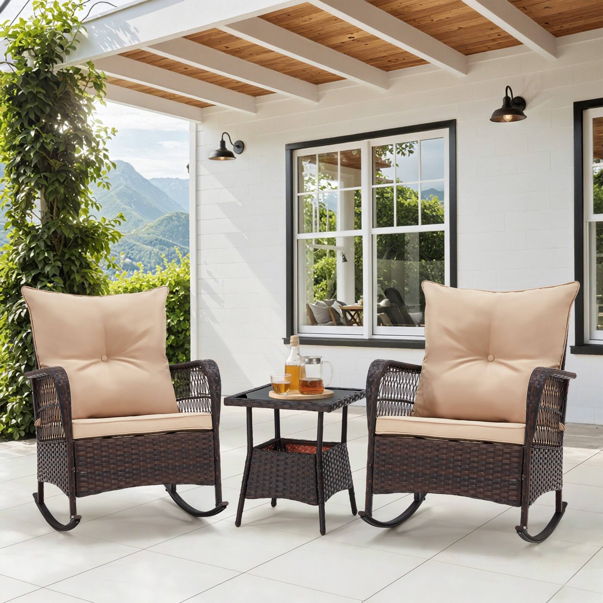Front. U-HOMY - 3-Piece PE Rattan Rocking Chair Patio Set with Cushions & Coffee Table, Rattan Outdoor Furniture - Beige.