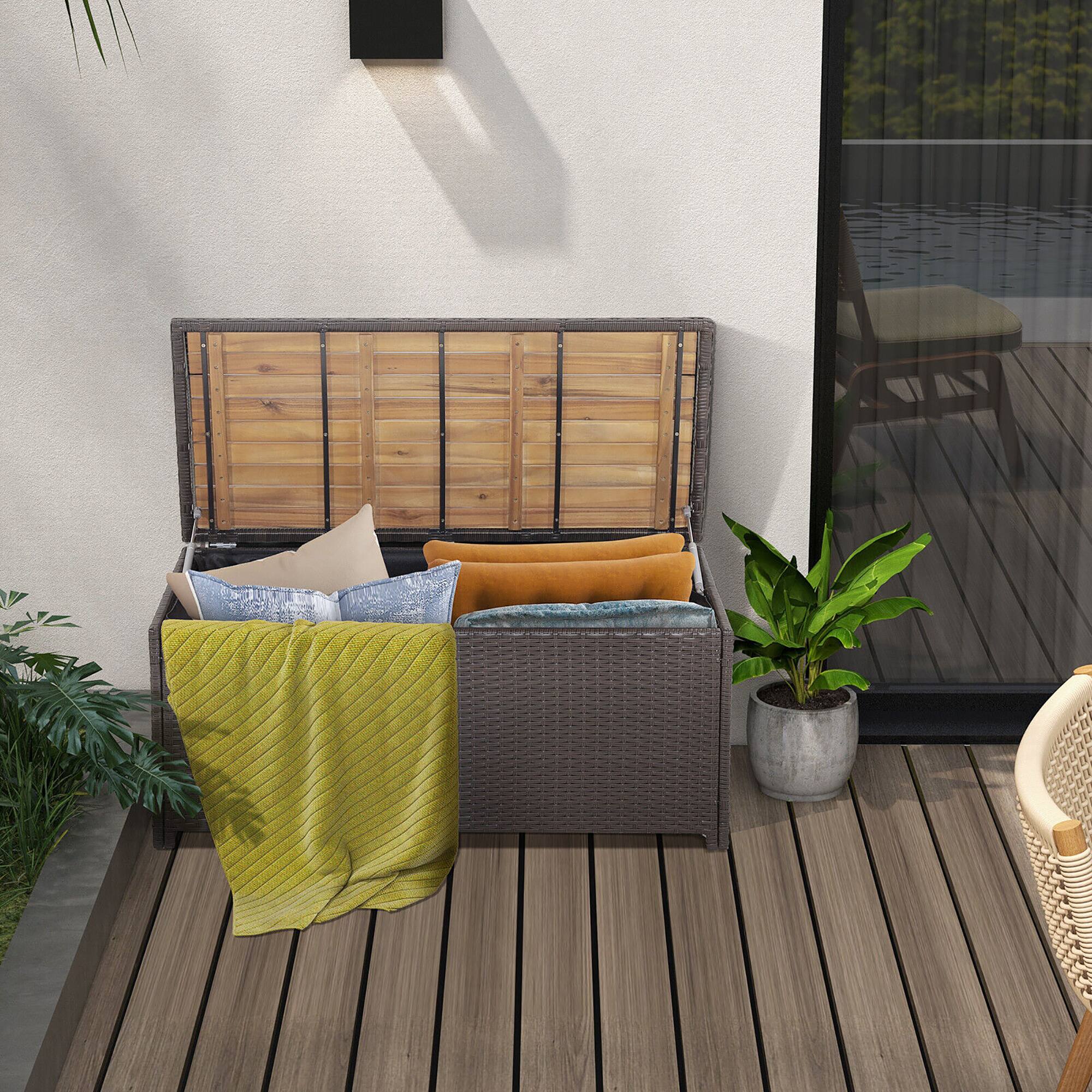 Alt View 3. Gymax - Gymax Patio Wicker Bench Deck Box w/ Acacia Wooden Seat Storage Bench Poolside Garden - Mix Brown.