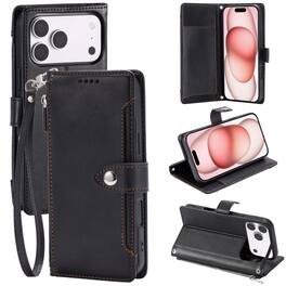 Dteck - Wallet Case for Apple iPhone 17 Pro Max Crossbody Premium Leather Kickstand Zipper Card Slot Cover With Strap+Lanyard - Black