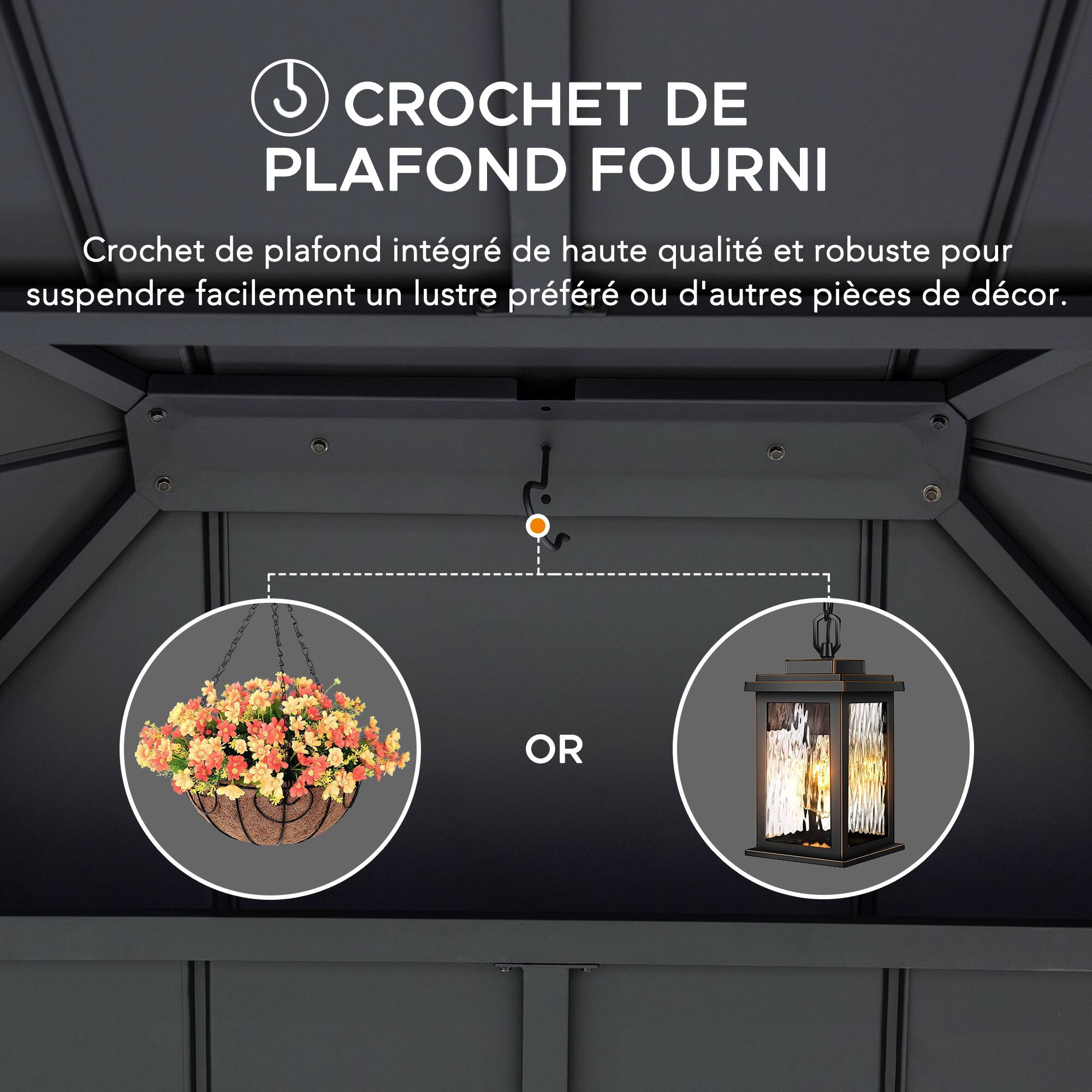 CROCHET DE PLAFOND FOURNI  
Crochet de plafond intégré de haute qualité et robuste pour suspendre facilement un lustre préféré ou d'autres pièces de décor.