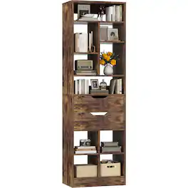 Aheaplus - 80" Tall Narrow 9-Tier Bookshelf with 2 Drawers - Space-Saving Wood Storage for Living Room, Office & Bedroom - Rustic Brown