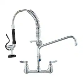 Wall-Mounted Brass Kitchen Faucet, 21" Tall, 8" Installation Width, Includes 12" Rotating Spout and Pull-Down Sprayer