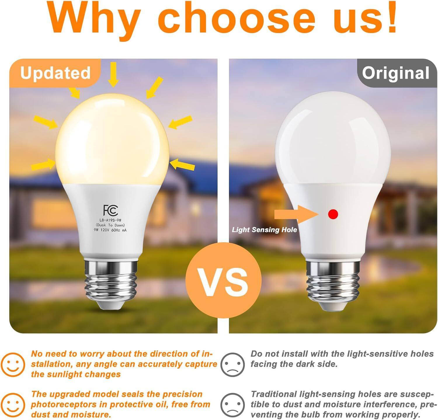 Why choose us! Updated Original

FC L8-A198-9W (Dusk To Dawn) 9W 120V 60Hz Am

Light Sensing Hole

VS

No need to worry about the direction of installation, any angle can accurately capture the sunlight changes

Do not install with the light-sensitive holes facing the dark side.

The upgraded model seals the precision photoreceptors in protective oil, free from dust and moisture.

Traditional light-sensing holes are susceptible to dust and moisture interference, preventing the bulb from working properly.