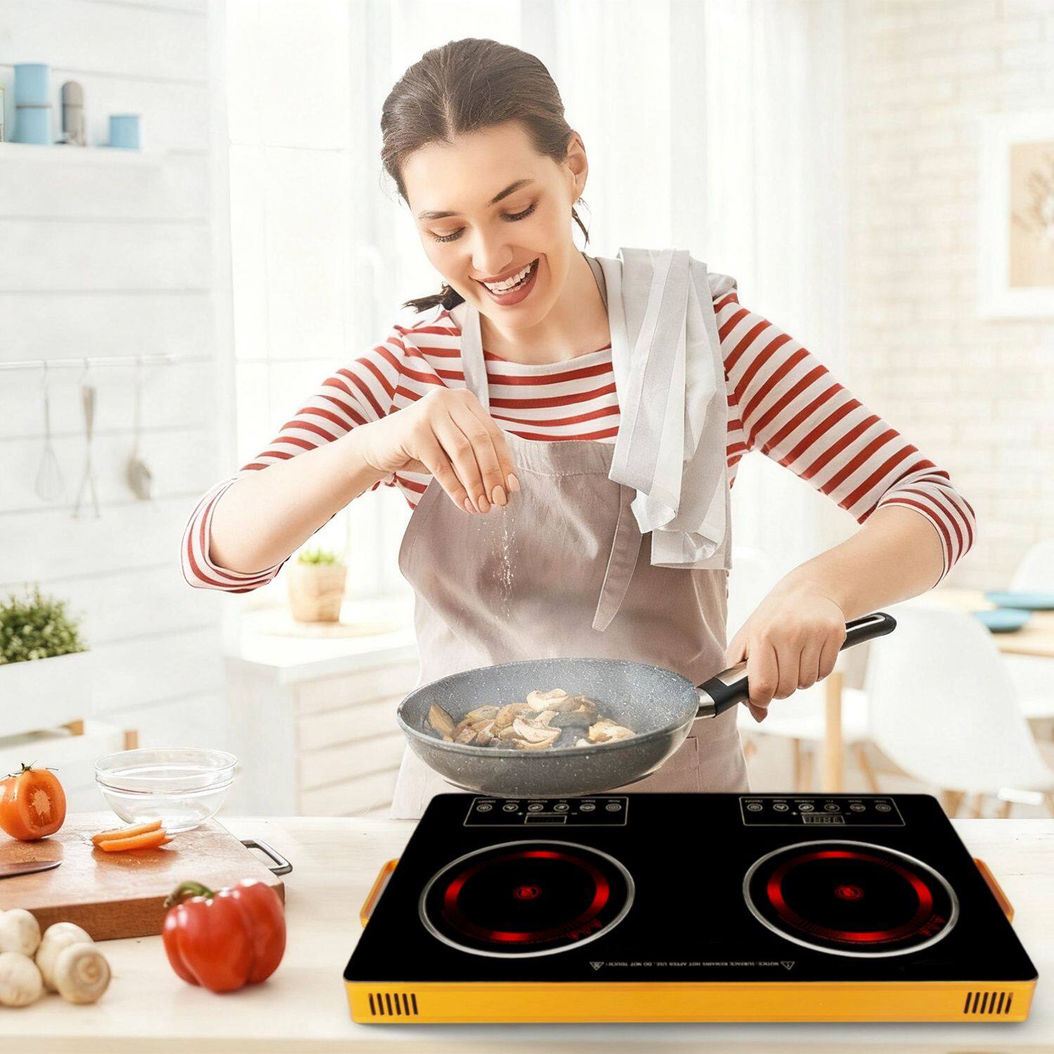 Left. Mirfee - 7000W Dual Electric Burner, 4 Preset Modes & Timer, Glass Surface for Camper/Office - Black.