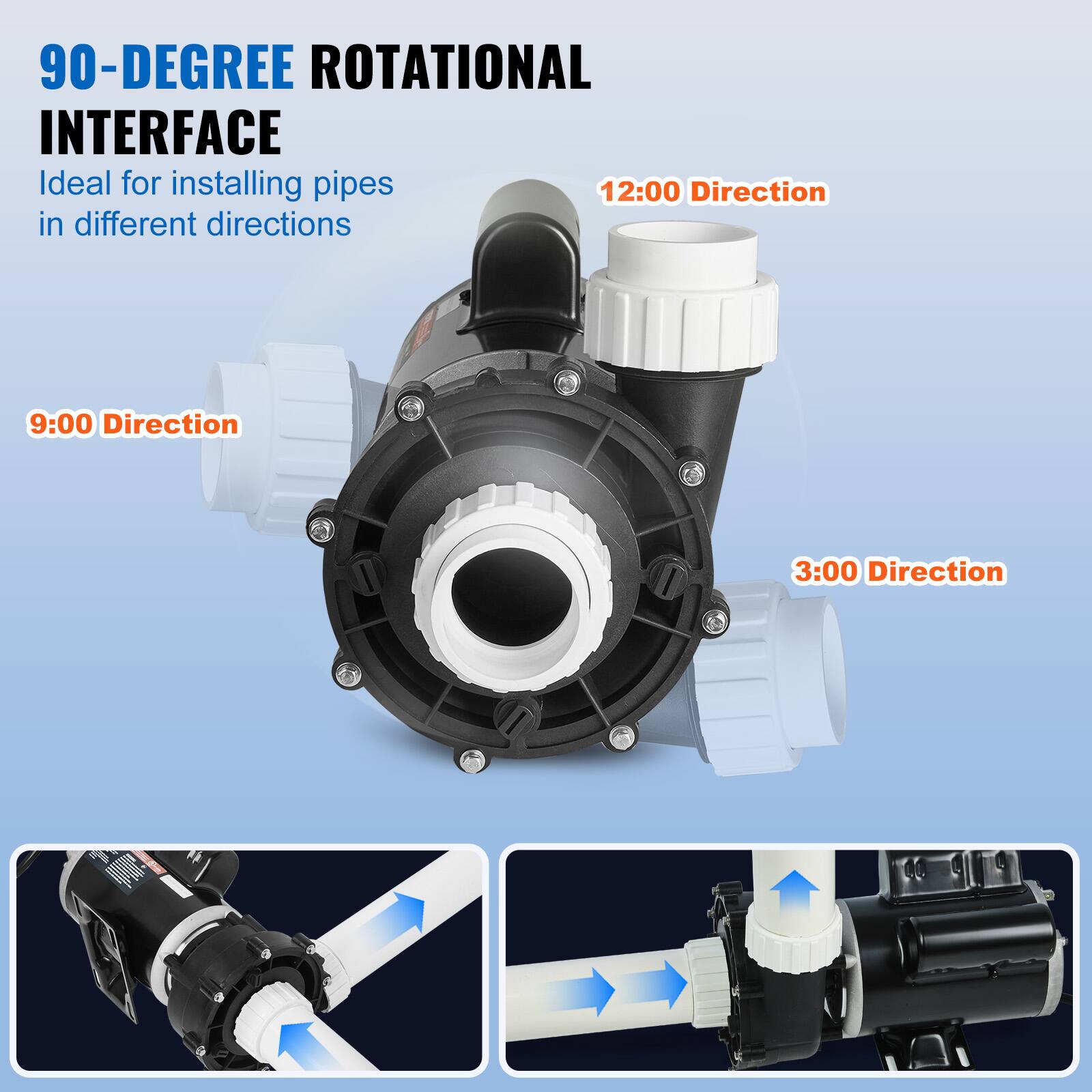 90-DEGREE ROTATIONAL INTERFACE  
Ideal for installing pipes in different directions  

12:00 Direction  
9:00 Direction  
3:00 Direction
