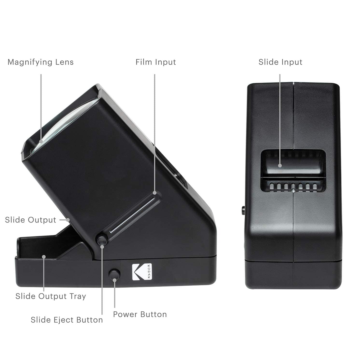 The image features a magnifying lens, film input, slide input, slide output, slide output tray, power button, and slide eject button.