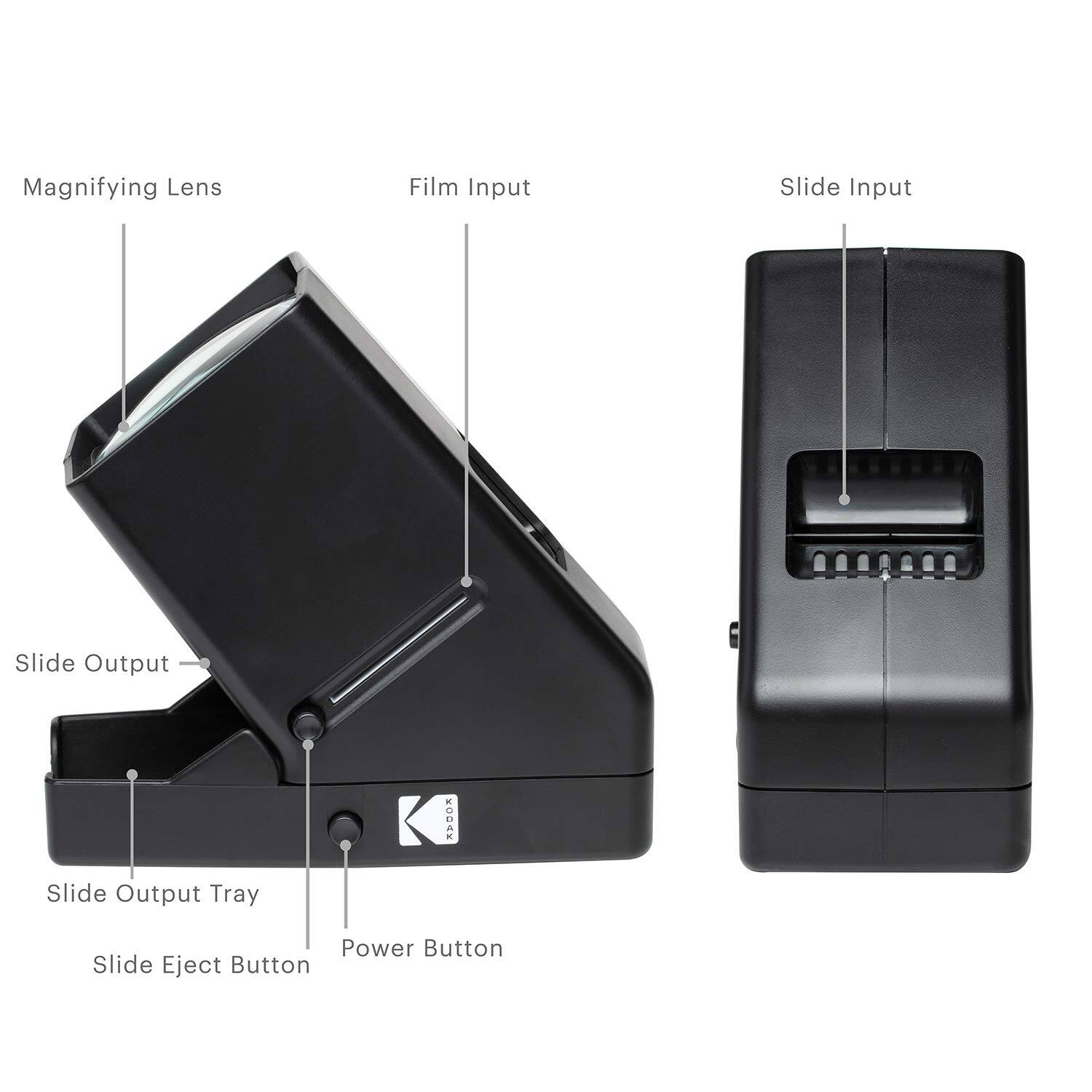 The image features a magnifying lens, film input, slide input, slide output, slide output tray, power button, and slide eject button.
