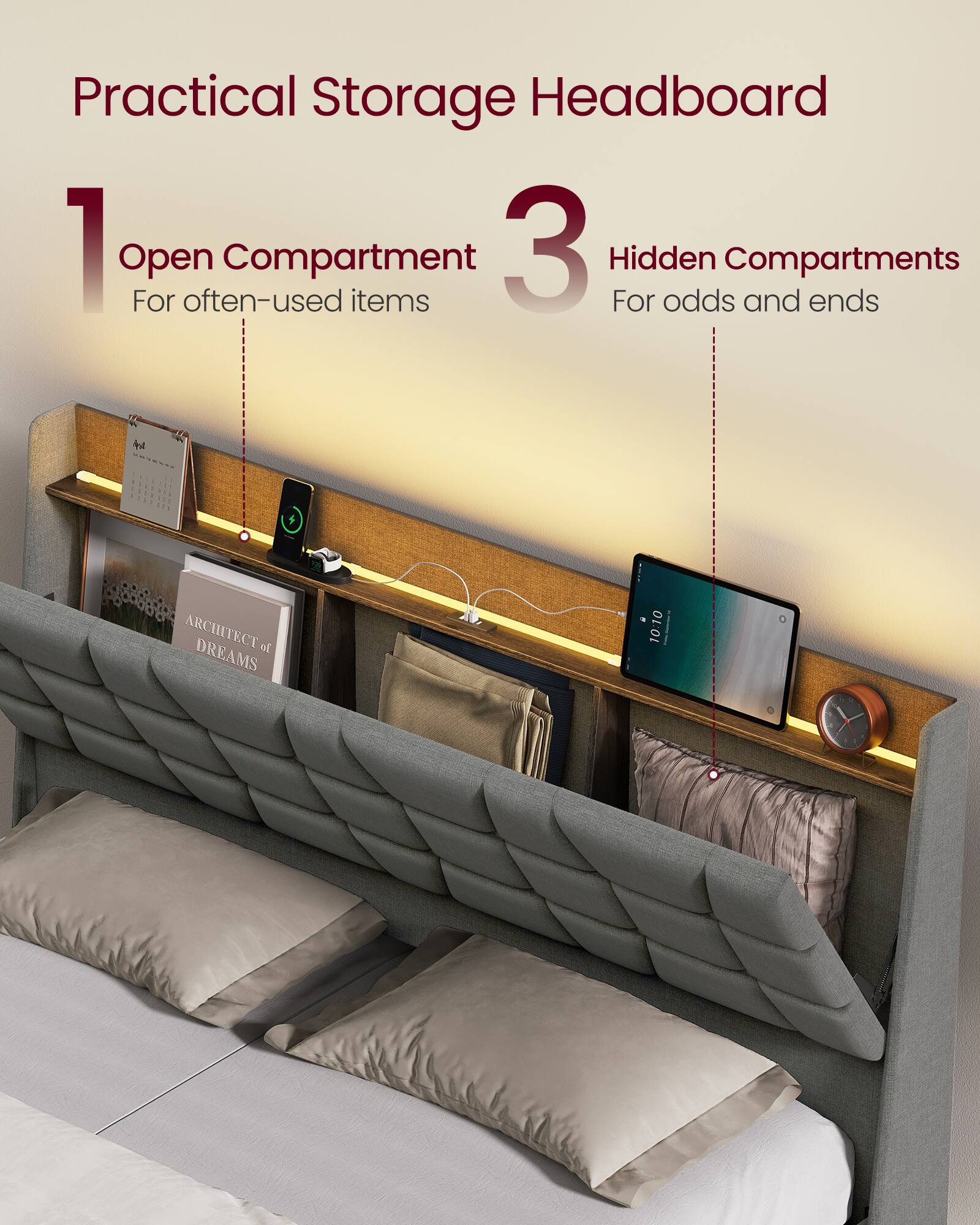 Practical Storage Headboard

1. Open Compartment
   - For often-used items

3. Hidden Compartments
   - For odds and ends

ARCHITECT of DREAMS
10:10